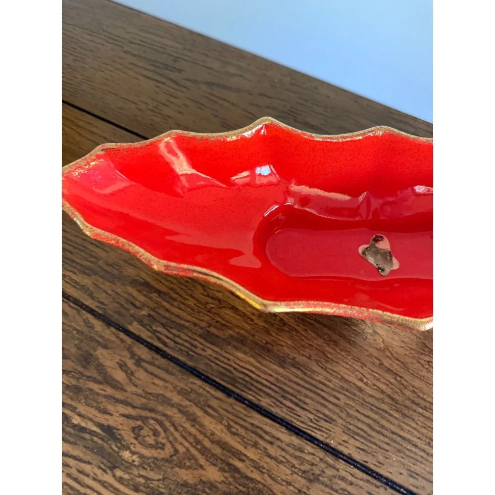California Originals Console Bowl Unisex 16.5in Red Good MCM Gold Scalloped 759